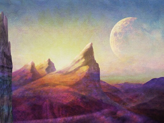 Eine gekritzelte surreale Landschaft.